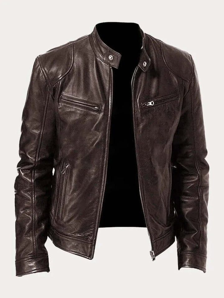 Heren Klassiek Slim-Fit Leren Jas met Staande Kraag - Bruin