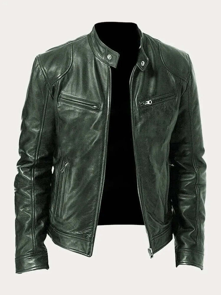 Heren Klassiek Slim-Fit Leren Jas met Staande Kraag - Legergroen