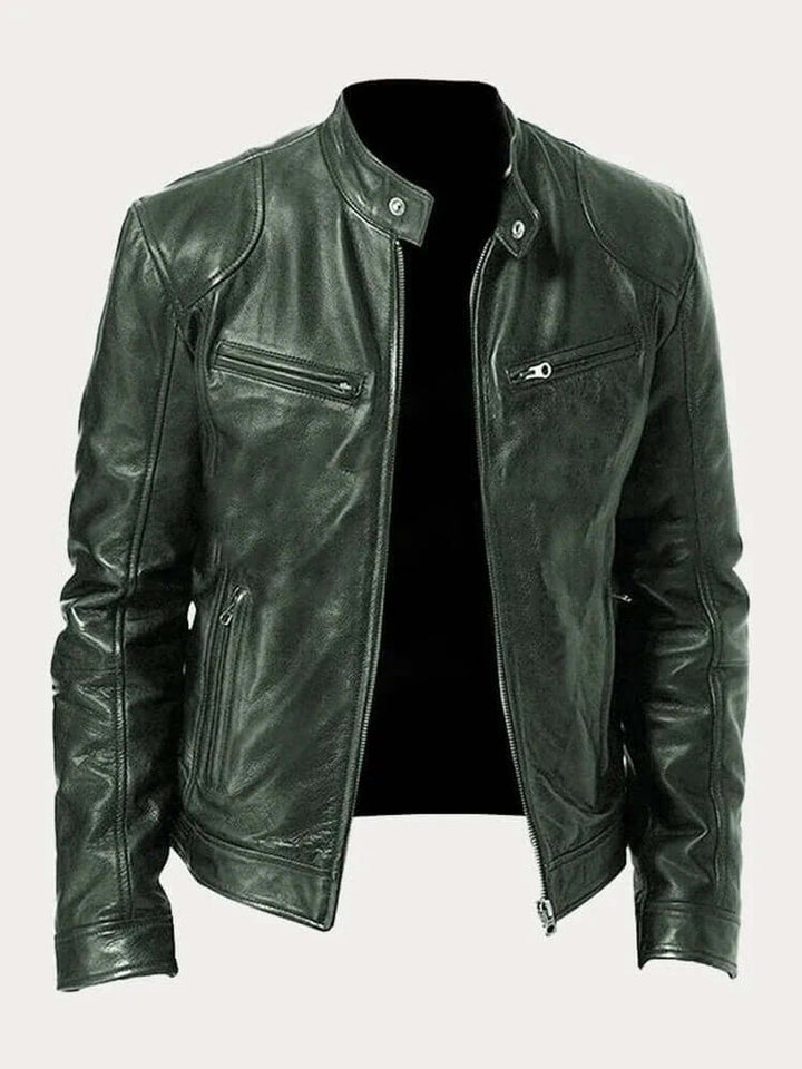 Heren Klassiek Slim-Fit Leren Jas met Staande Kraag - Legergroen