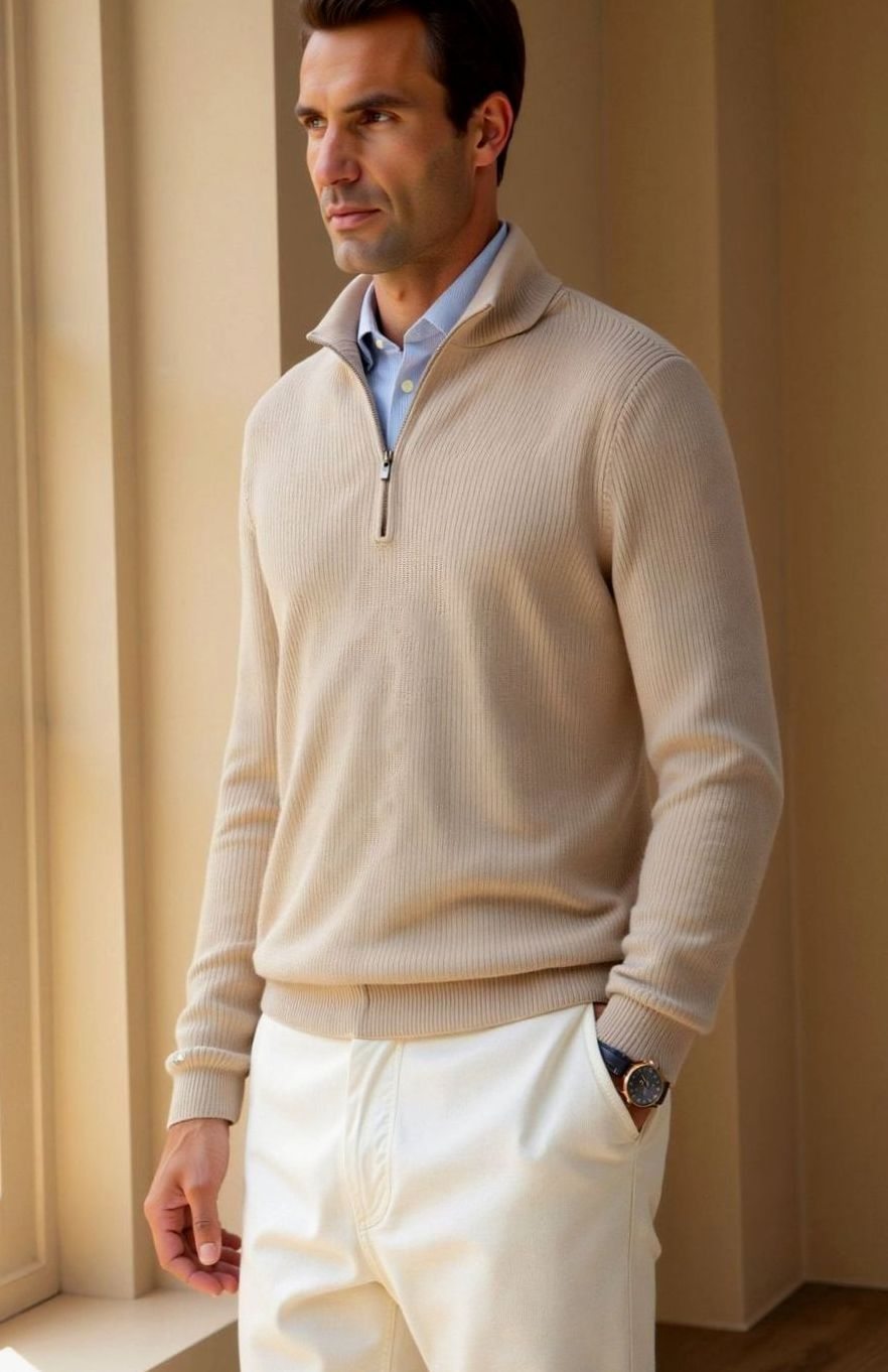 Heren Klassieke Gebreide Half-Zip Katoenen Trui