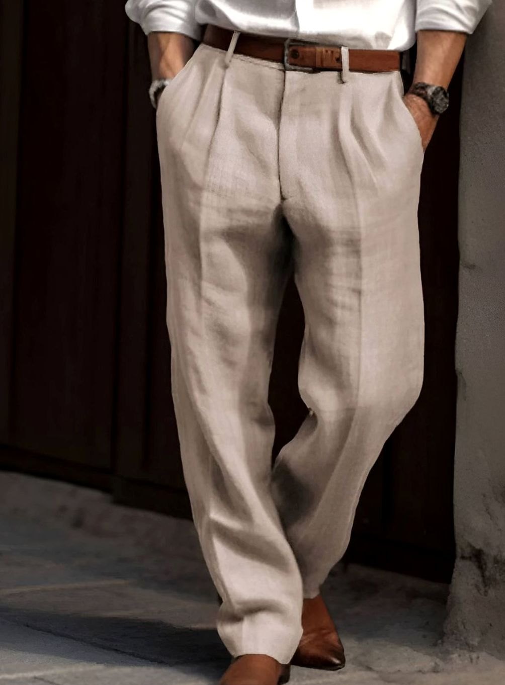 Heren Klassieke Geplooide Linnen Pantalon met Elastische Taille - Beige