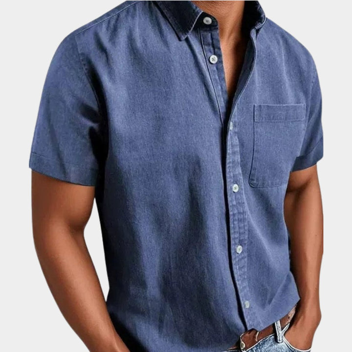 Heren Korte Mouwen Denim Overhemd met Borstzak - Blauw