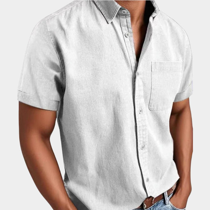 Heren Korte Mouwen Denim Overhemd met Borstzak - Wit
