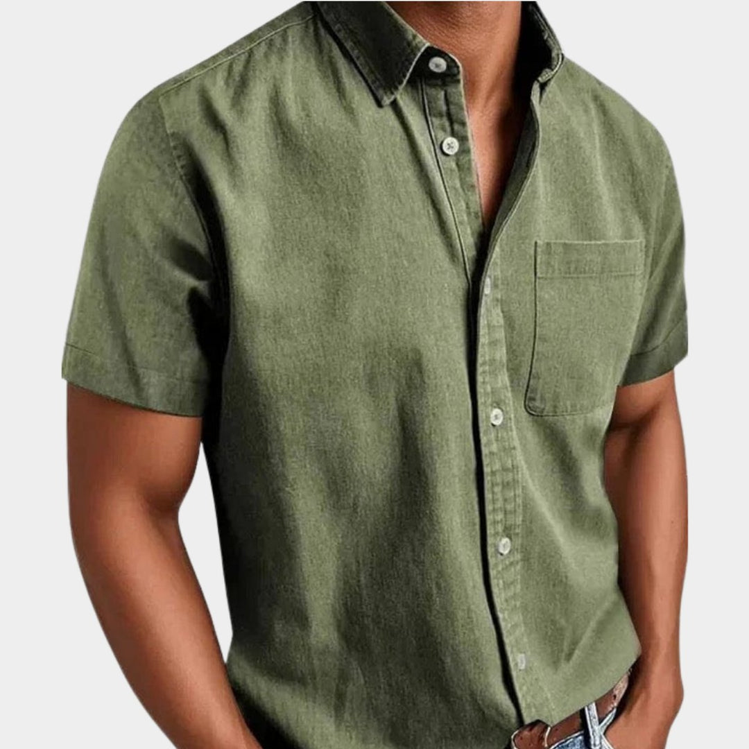 Heren Korte Mouwen Denim Overhemd met Borstzak - Groen