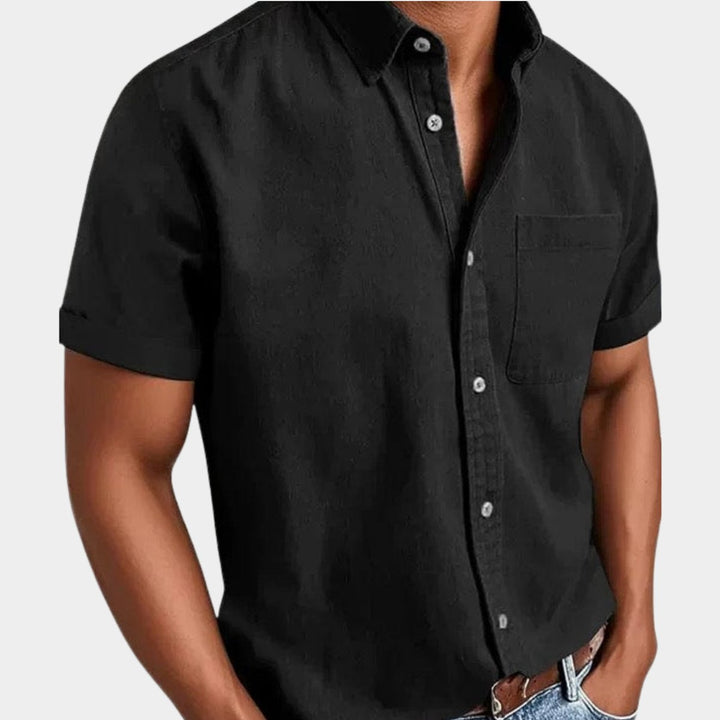 Heren Korte Mouwen Denim Overhemd met Borstzak - Zwart