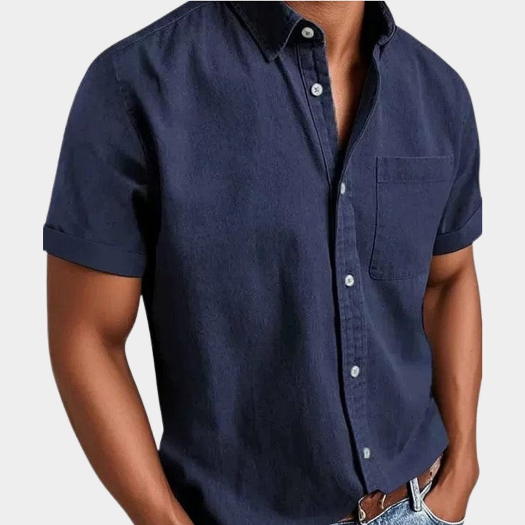 Heren Korte Mouwen Denim Overhemd met Borstzak - Marineblauw