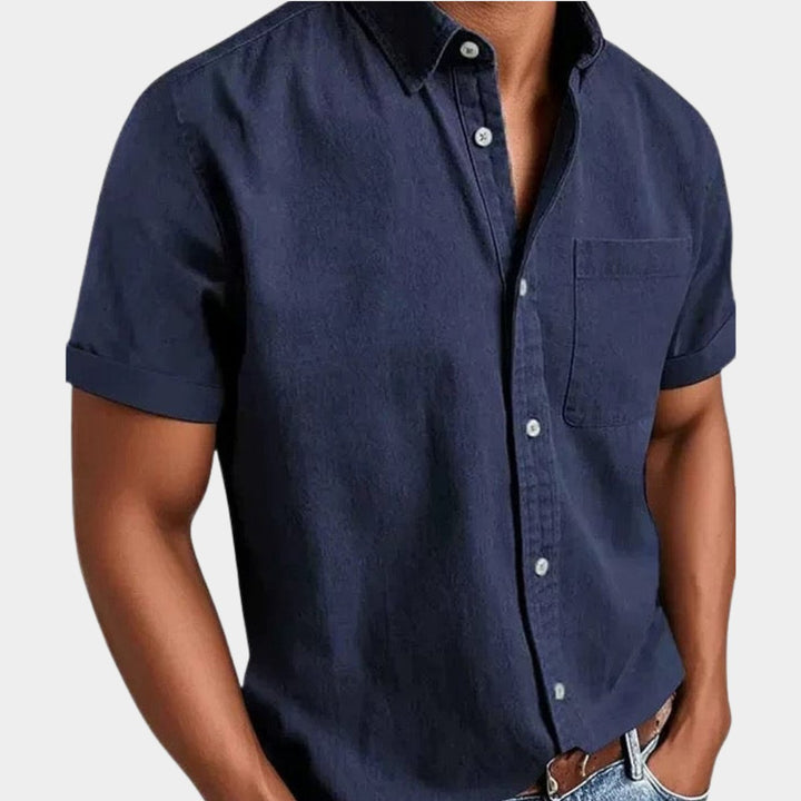 Heren Korte Mouwen Denim Overhemd met Borstzak - Marineblauw