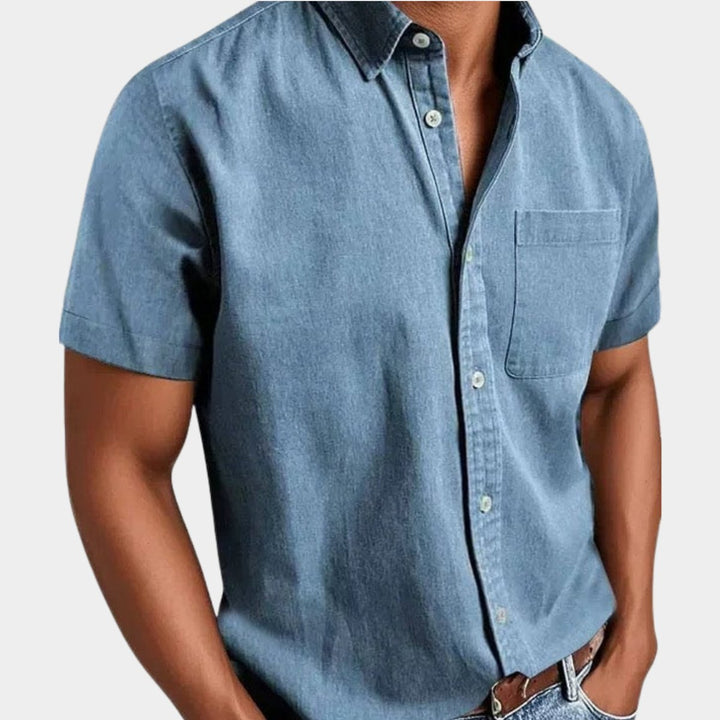 Heren Korte Mouwen Denim Overhemd met Borstzak - Lichtblauw
