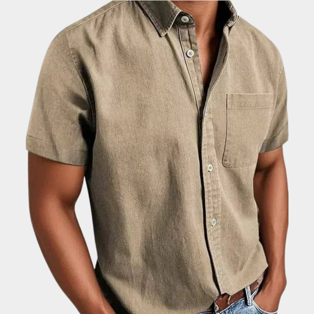 Heren Korte Mouwen Denim Overhemd met Borstzak - Beige