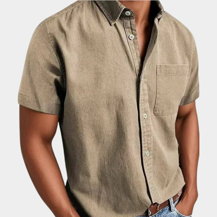 Heren Korte Mouwen Denim Overhemd met Borstzak - Beige
