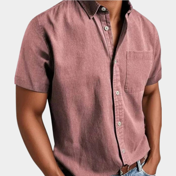 Heren Korte Mouwen Denim Overhemd met Borstzak - Roze