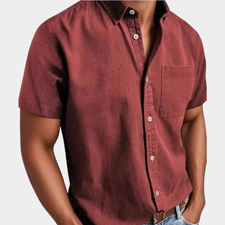 Heren Korte Mouwen Denim Overhemd met Borstzak - Rood