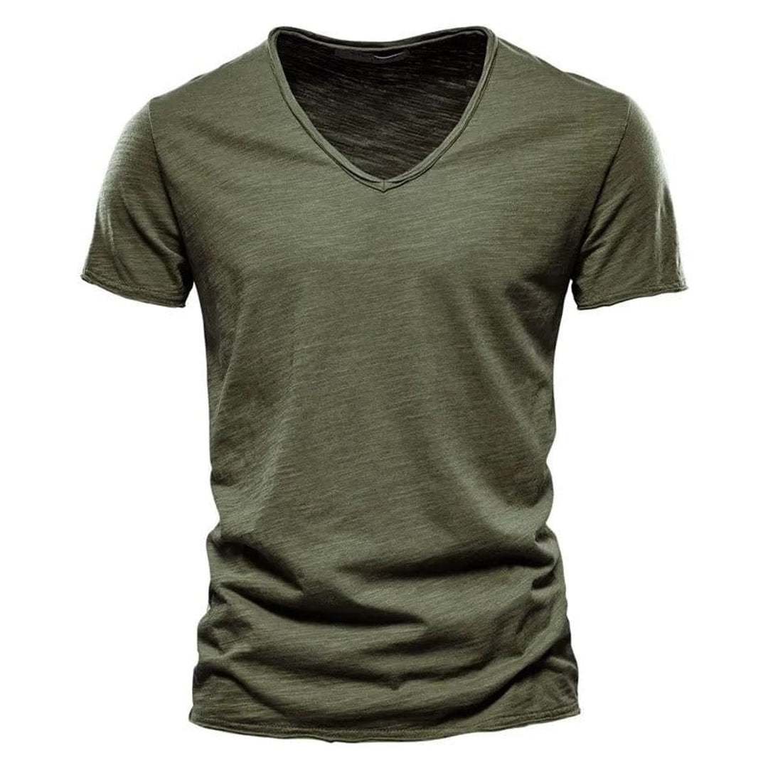 Heren Kreukvrij V-Hals Katoenen T-Shirt - Legergroen