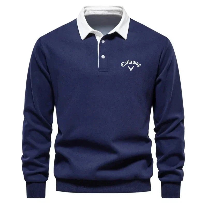 Heren Langarm Contrastkraag Katoenmix Polo Sweater - Navy Blue