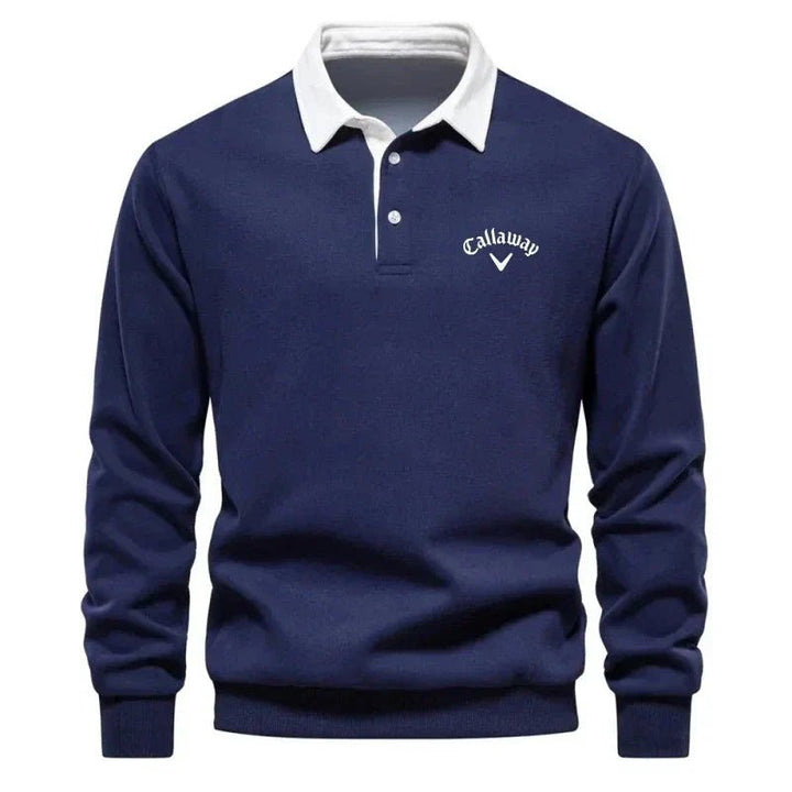 Heren Langarm Contrastkraag Katoenmix Polo Sweater - Navy Blue