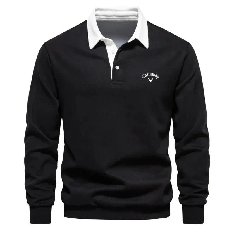 Heren Langarm Contrastkraag Katoenmix Polo Sweater - Black