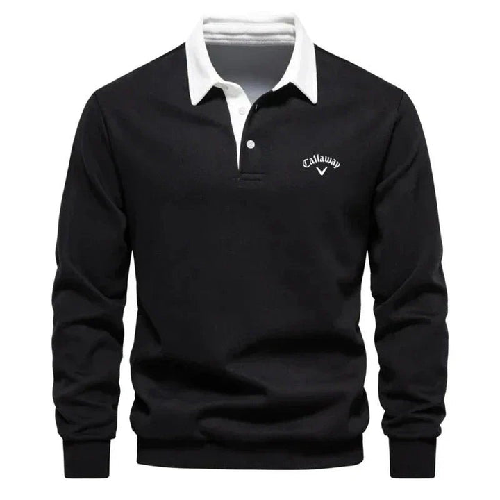 Heren Langarm Contrastkraag Katoenmix Polo Sweater - Black