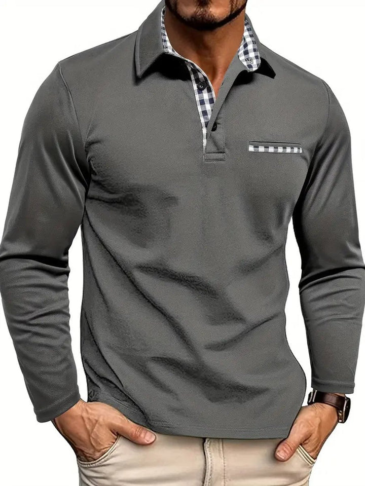 Heren Langarm Poloshirt Geblokt Kraag Casual Wintershirt - Grijs