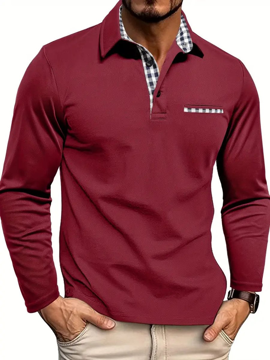 Heren Langarm Poloshirt Geblokt Kraag Casual Wintershirt - Bordeauxrood