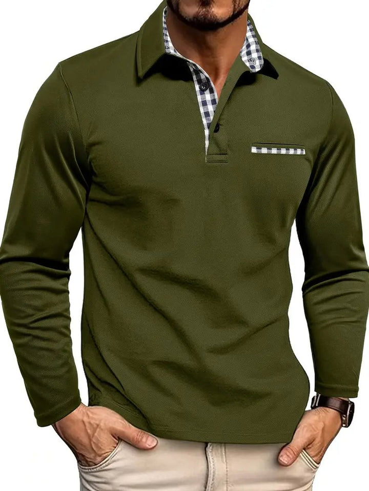 Heren Langarm Poloshirt Geblokt Kraag Casual Wintershirt - Olijfgroen