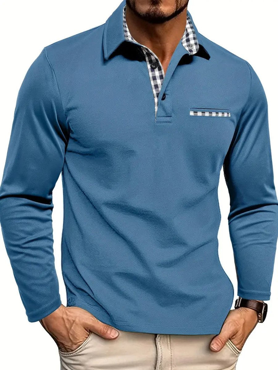 Heren Langarm Poloshirt Geblokt Kraag Casual Wintershirt - Lichtblauw
