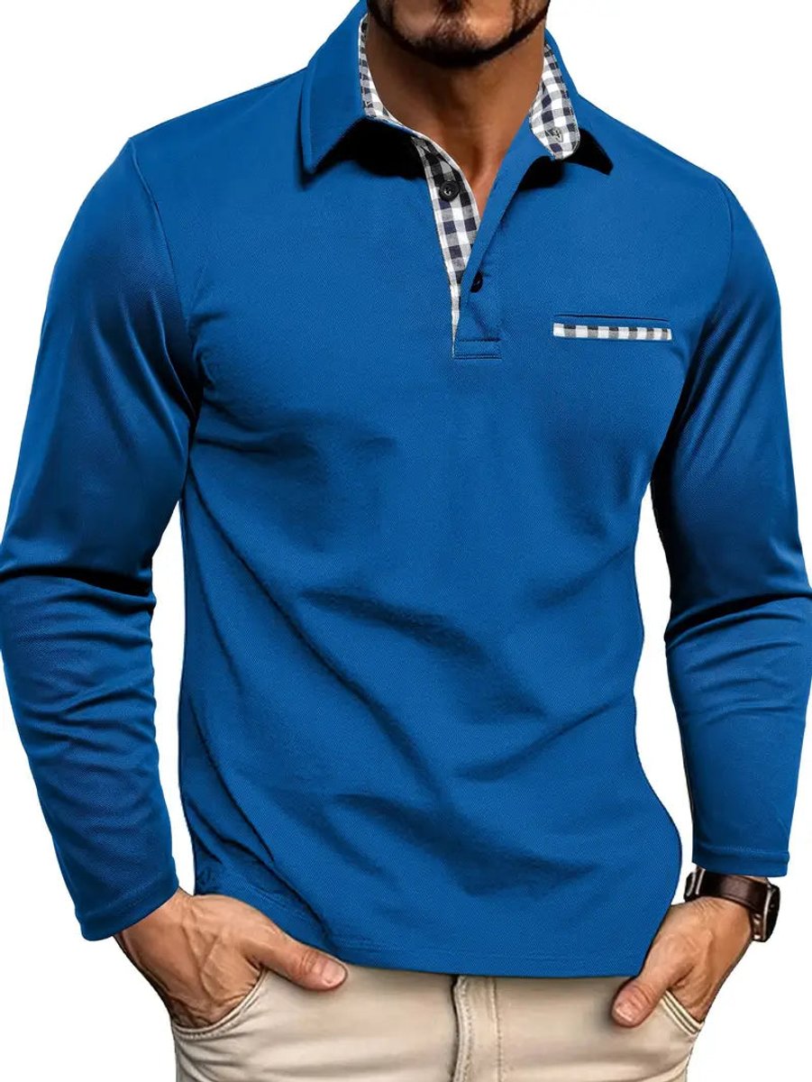 Heren Langarm Poloshirt Geblokt Kraag Casual Wintershirt - Blauw