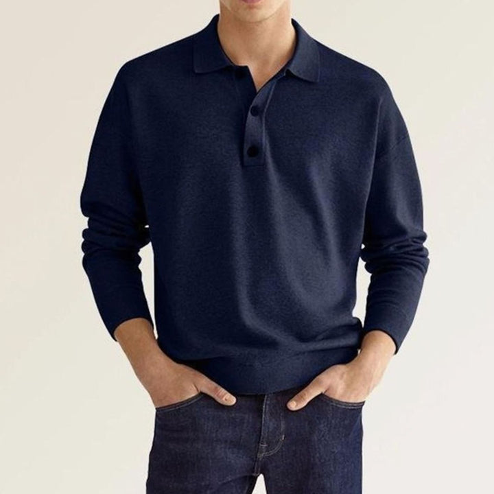 Heren Langarm Poloshirt Klassieke Kraag Knoop Trui - Donkerblauw