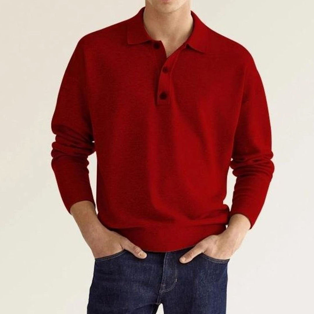 Heren Langarm Poloshirt Klassieke Kraag Knoop Trui - Rood