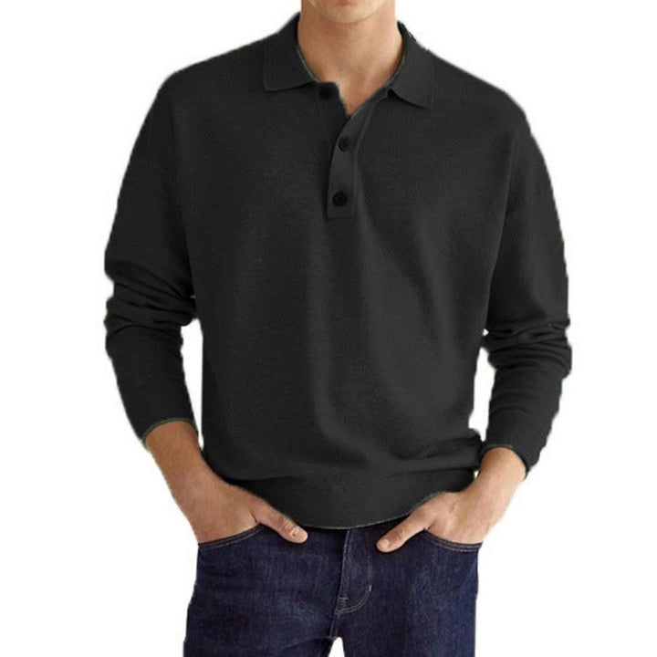 Heren Langarm Poloshirt Klassieke Kraag Knoop Trui - Zwart