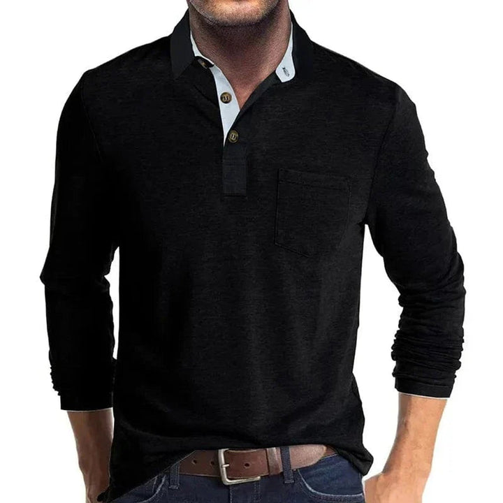 Heren Langarm Poloshirt met Borstzak Klassieke Pasvorm - Zwart