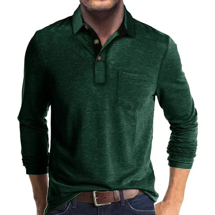Heren Langarm Poloshirt met Borstzak Klassieke Pasvorm - Groen