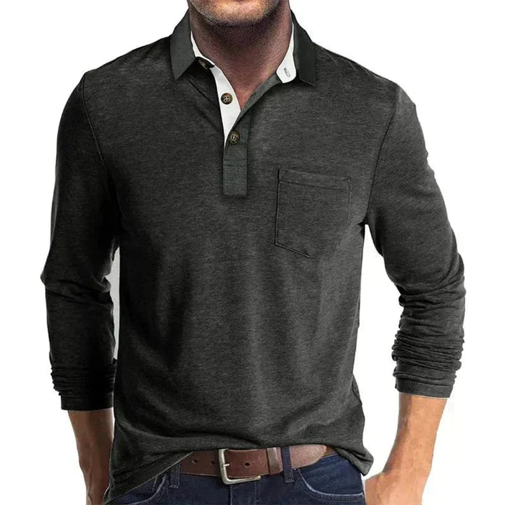 Heren Langarm Poloshirt met Borstzak Klassieke Pasvorm - Donkergrijs