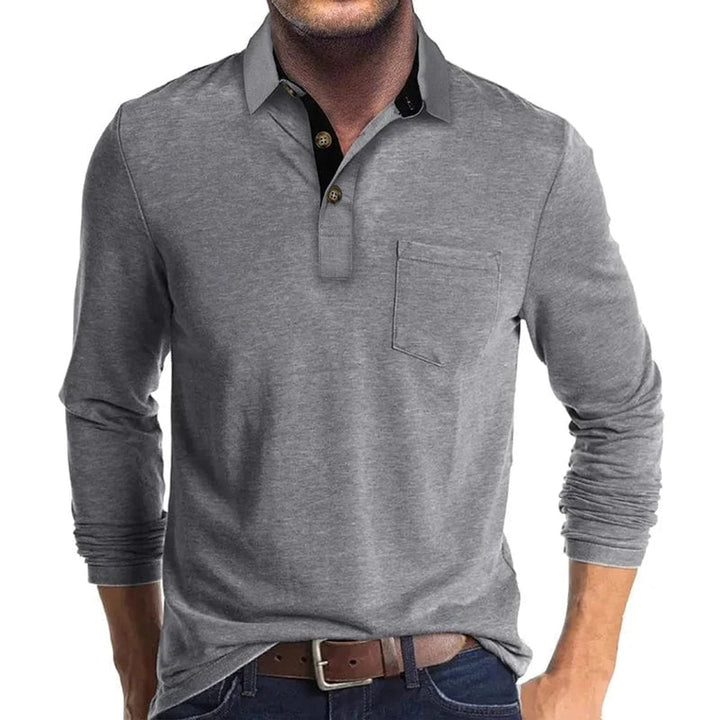 Heren Langarm Poloshirt met Borstzak Klassieke Pasvorm - Lichtgrijs