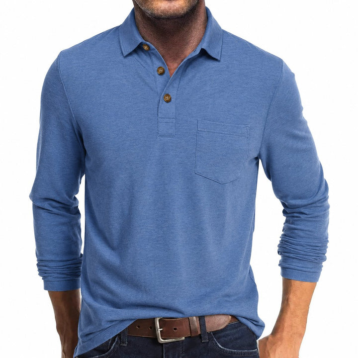 Heren Langarm Poloshirt met Borstzak Klassieke Pasvorm - Lichtblauw