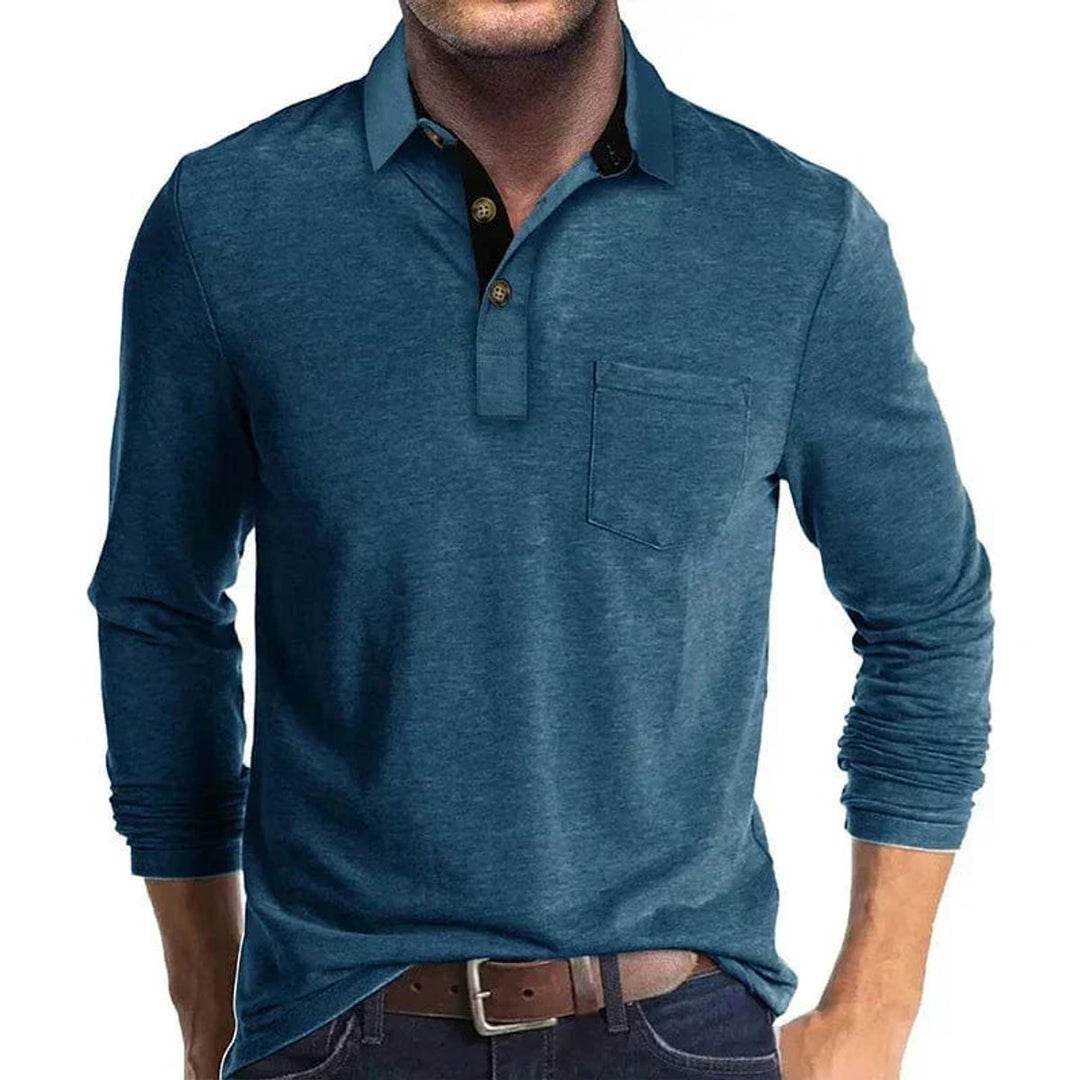 Heren Langarm Poloshirt met Borstzak Klassieke Pasvorm - Blauw