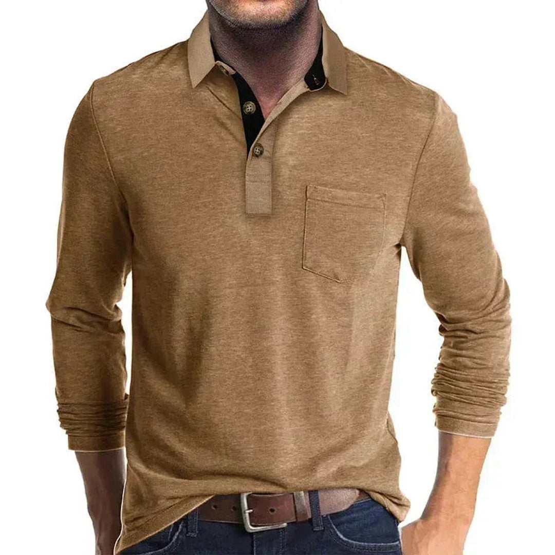 Heren Langarm Poloshirt met Borstzak Klassieke Pasvorm - Bruin