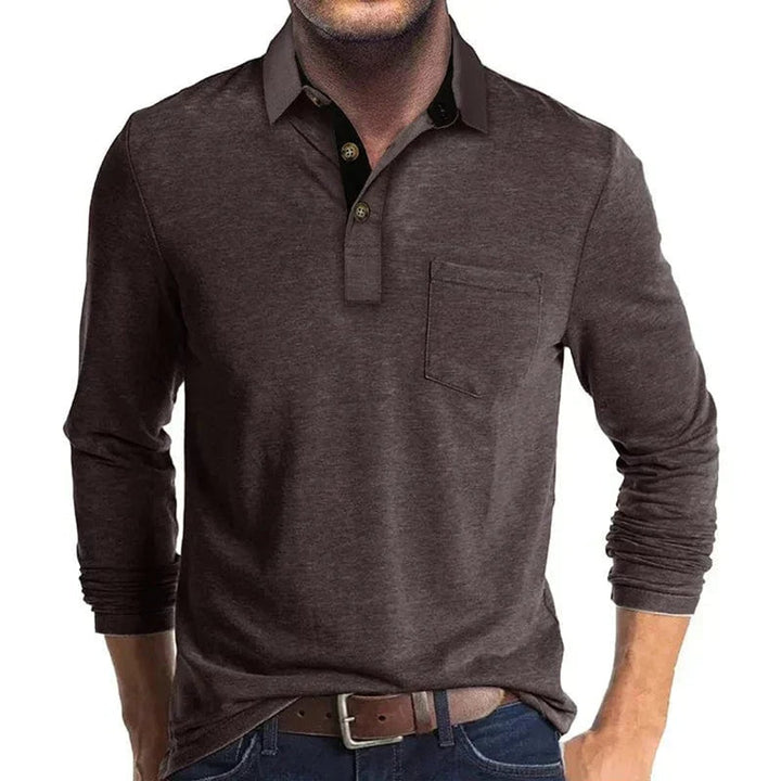 Heren Langarm Poloshirt met Borstzak Klassieke Pasvorm - Donkerbruin