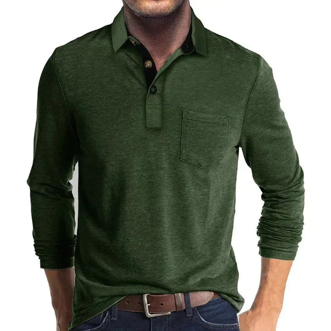 Heren Langarm Poloshirt met Borstzak Klassieke Pasvorm - Donkergroen