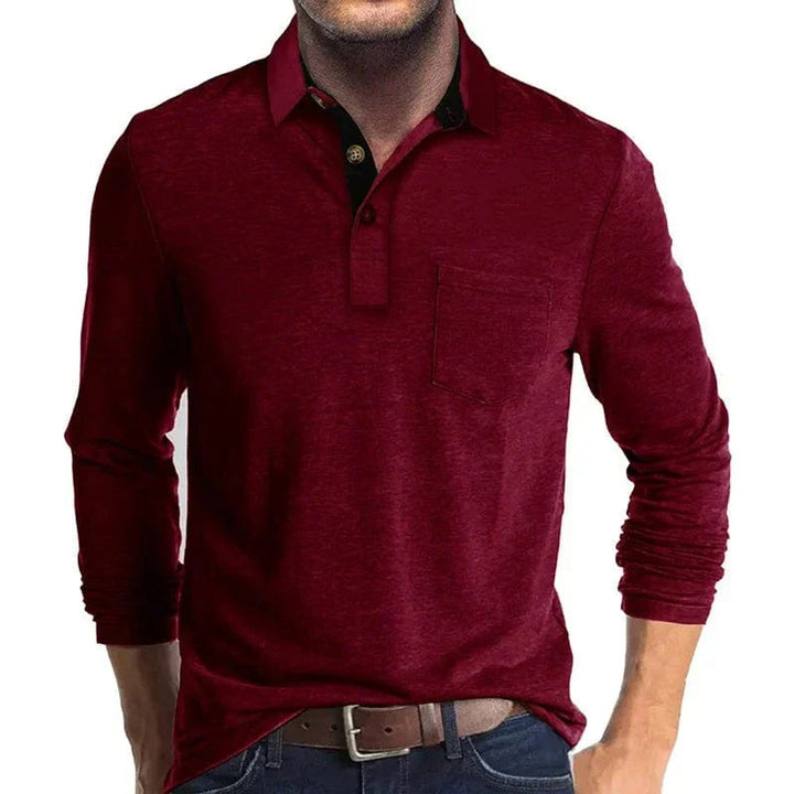 Heren Langarm Poloshirt met Borstzak Klassieke Pasvorm - Rood
