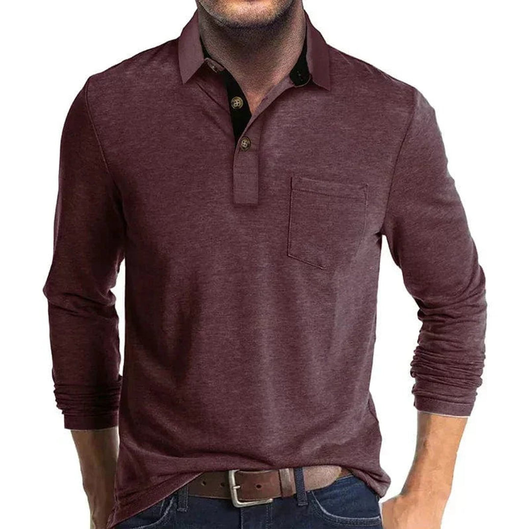 Heren Langarm Poloshirt met Borstzak Klassieke Pasvorm - Donkerrood