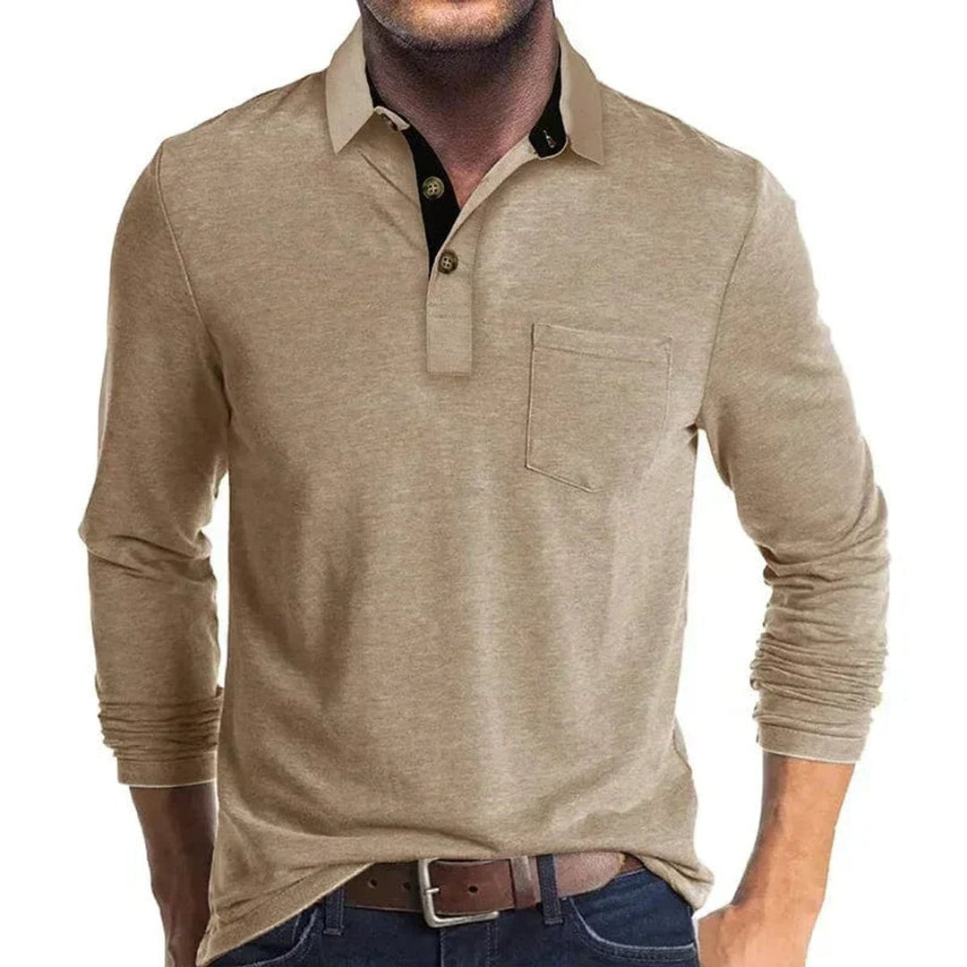 Heren Langarm Poloshirt met Borstzak Klassieke Pasvorm - Khaki