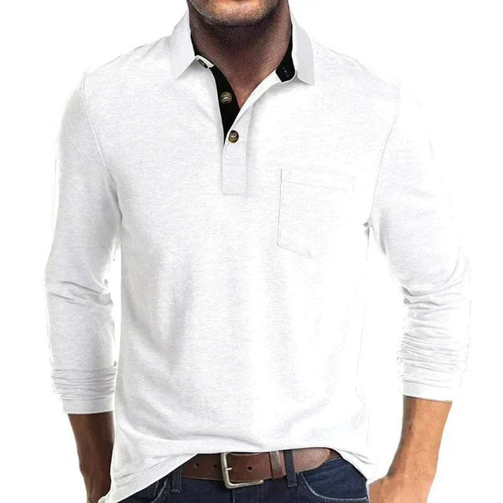 Heren Langarm Poloshirt met Borstzak Klassieke Pasvorm - Wit