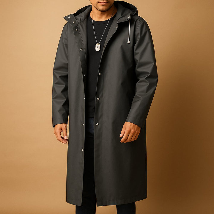 Heren Lange Waterdichte Rain Jacket EVA Capuchon - Zwart