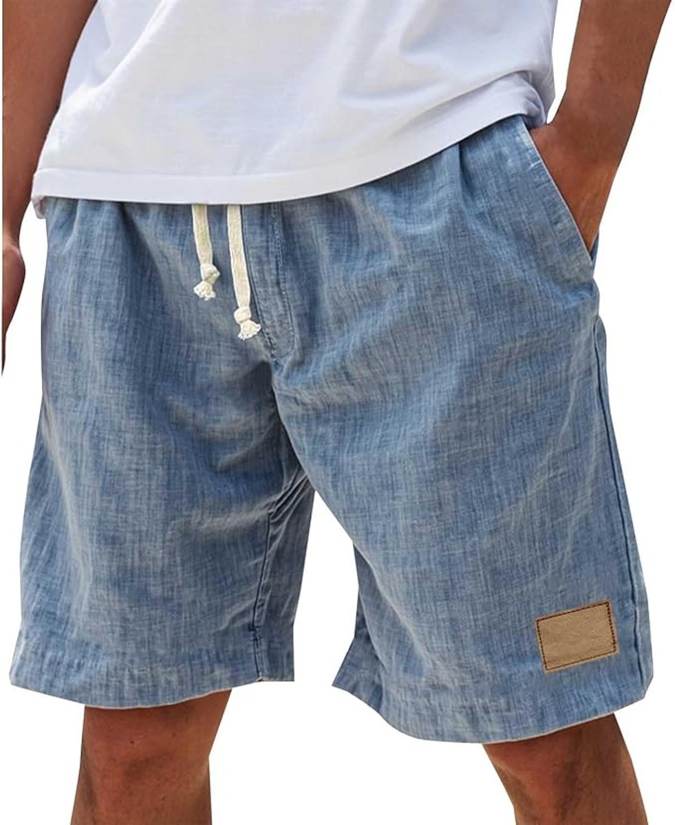 Heren Linnen Casual Korte Broek met Elastische Taille - Blauw