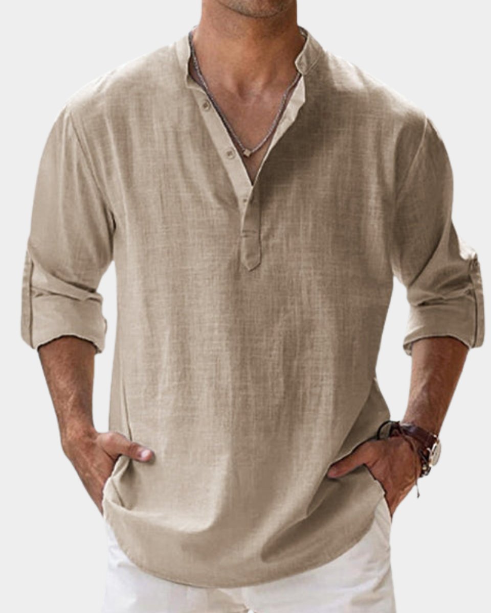 Heren Linnen Casual Overhemd Opstaande Kraag Lange Mouw - Khaki