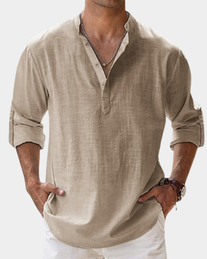 Heren Linnen Casual Overhemd Opstaande Kraag Lange Mouw - Khaki