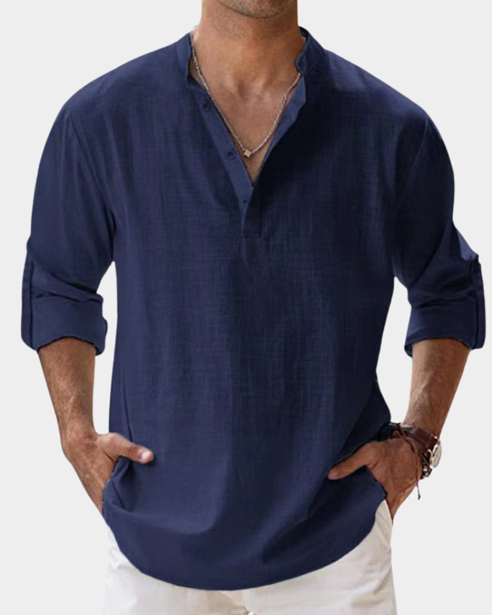 Heren Linnen Casual Overhemd Opstaande Kraag Lange Mouw - Blauw