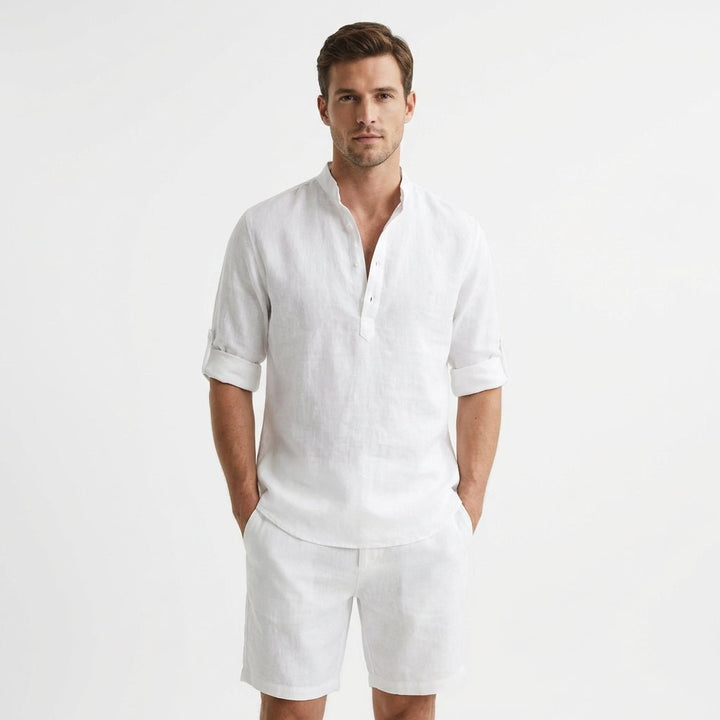 Heren Linnen Henley Overhemd Mao Kraag Opgerolde Mouwen - Blanco
