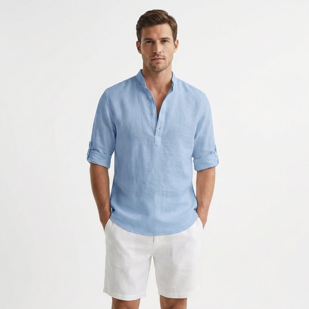 Heren Linnen Henley Overhemd Mao Kraag Opgerolde Mouwen - Azul Claro