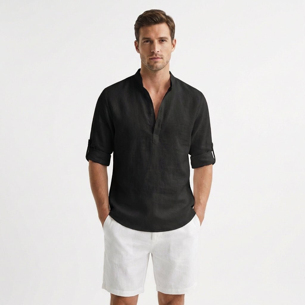 Heren Linnen Henley Overhemd Mao Kraag Opgerolde Mouwen - Negro